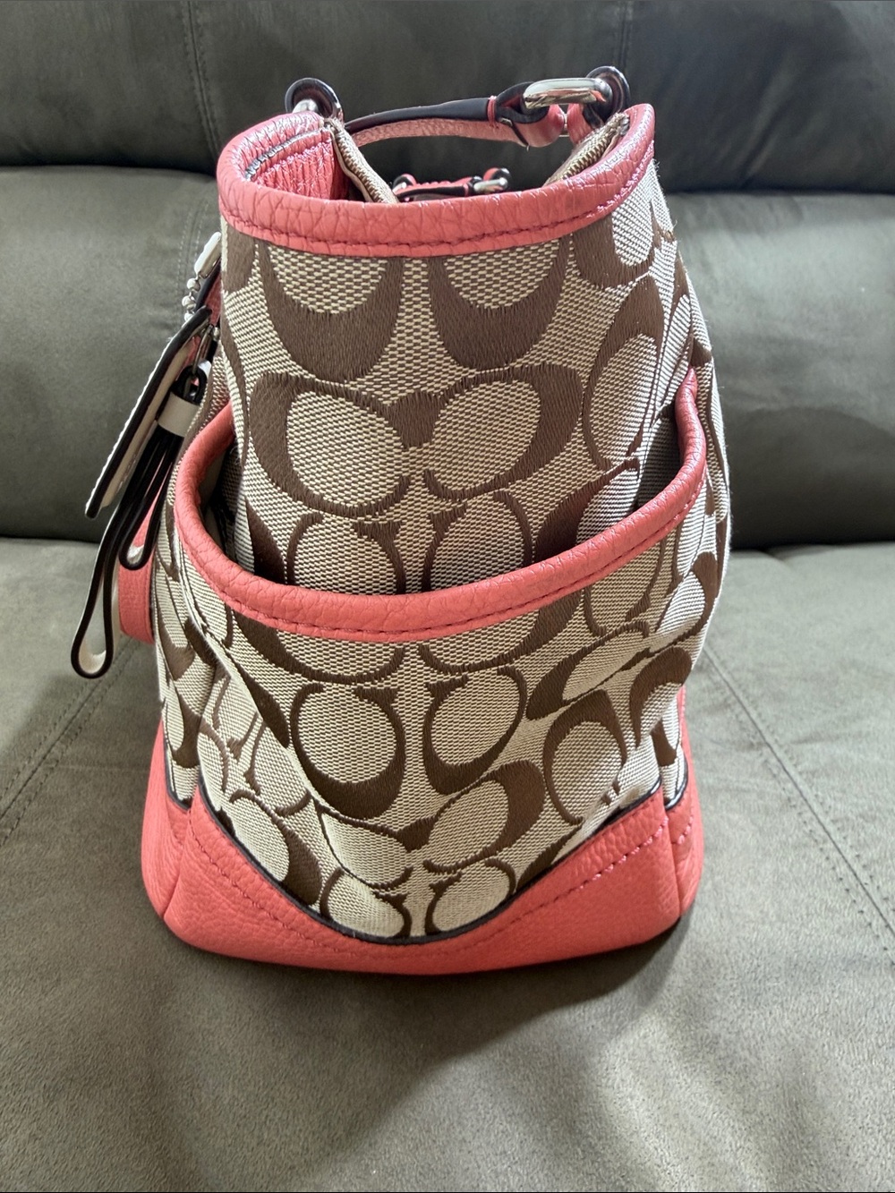 Coach Park Signature Carrie Tote in beautiful Khaki & Coral Orange! - Picture 4 of 10